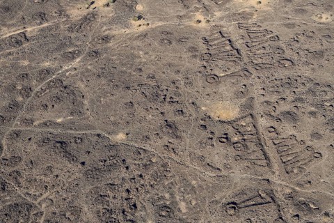 Neolithic stone ritual buildings, so-called mustatils, aerial view, near Khaybar, Medina province,