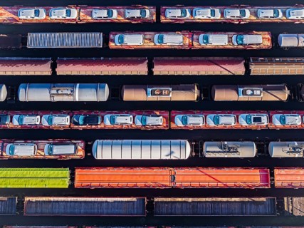 Deutsche Bahn AG marshalling yard. Many goods trains are parked on the tracks with tank wagons, car