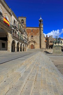 Iglesia de San Martin church and Pizarro statue in historic medieval town of Trujillo, Caceres