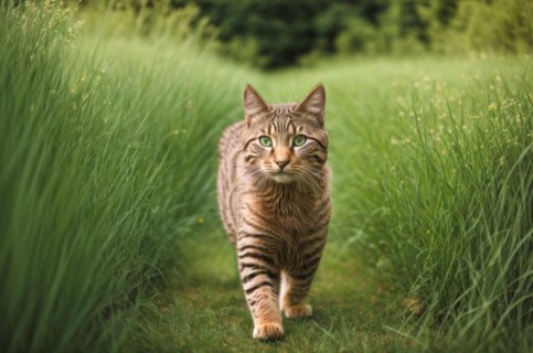 Adorable, striped playful cat walking in the filed, AI generated
