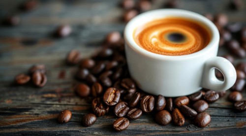 Cup of breakfast coffee with beans lying on a rustic table, AI generated