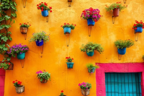 Typical architecture of Mexican colonial colorful houses in historic city center, AI generated