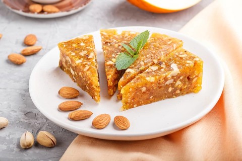 Traditional turkish candy cezerye made from caramelised melon, roasted walnuts, hazelnuts, cashew,