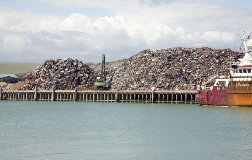 Scrap metal piled on quayside, Newhaven, East Sussex, England, United Kingdom, Europe