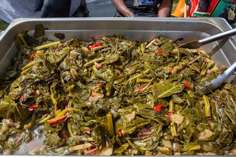 Detroit, Michigan, A pan of smoked turkey collard greens at the Collard Green Cook-Off, a