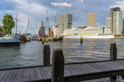 Rotterdam, skyline at the Nieuwe Maas, Erasmus Bridge, skyscrapers at the Kop van Zuid district,