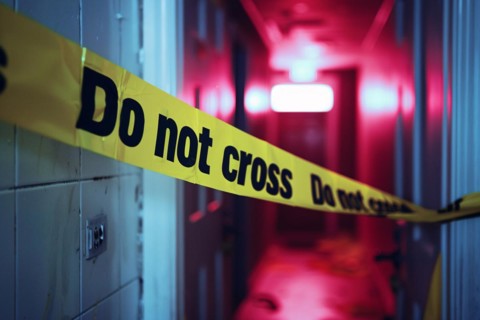 Yellow police tape with text 'Do not cross' at crime scene. KI generiert, generiert, AI generated