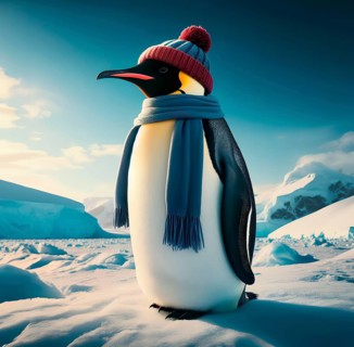 An emperor penguin with scarf and cap in the Antarctic ice, AI generated, AI generated