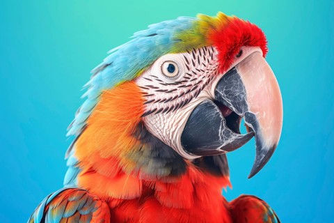 Head of colorful parrot on blue background. KI generiert, generiert AI generated