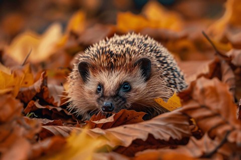 Single hedgehog in forest with colorful autumn leaves. Generative Ai, AI generated