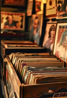 Vintage record store with dusty vinyl albums in wooden crates, old band posters on the walls, and