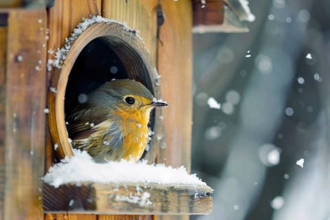 Small bird in wooden feeding house in snow during winter. Generative AI, AI generated