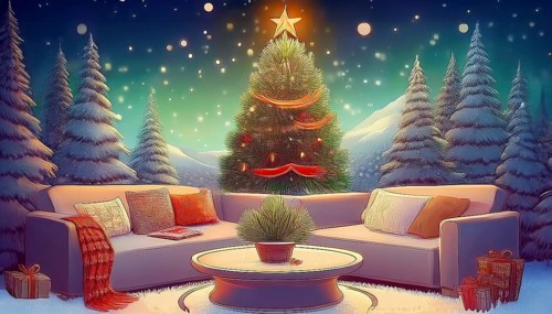Illustration of a living room furnishing consisting of a table and couch in front of a decorated