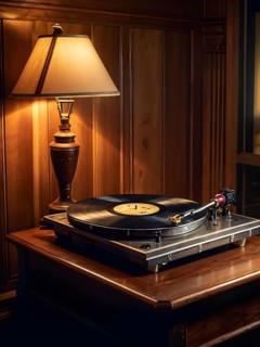 Vintage turntable spinning an old vinyl record, with the warm glow of a single lamp, AI generated