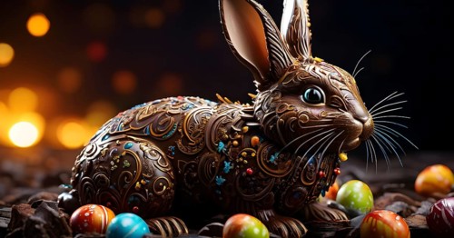 Easter bunny figurine made of chocolate, with a soft focus on intricate patterns and glossy