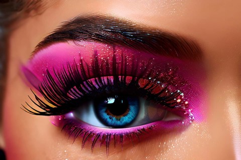 Close up portrait of an intricate eye makeup with vividly colored eyelids, AI generated