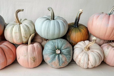Stacks of dfferent pastel colored pumpkins. Generative Ai, AI generated