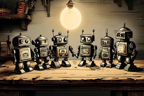 Team of robots styled as vintage toys poised atop an antique wooden table, AI generated