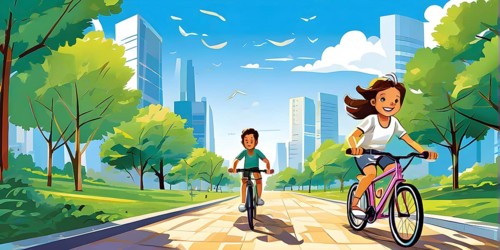 Vector cartoon illustration of a young boy and a young girl cycling in a city park in summer, AI