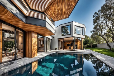 Modern residential house inspired by honeycomb hexagonal patterns, AI generated