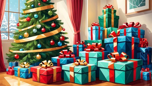 Abstract illustration of wrapped Christmas gifts, shiny ribbons and bows, stacked under a evergreen
