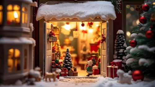 Traditional advent calendar door opening, showing a tiny festive scene inside with miniature