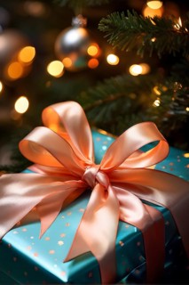 Close-up of a beautifully wrapped Christmas gift with a satin ribbon, set under a glowing Christmas