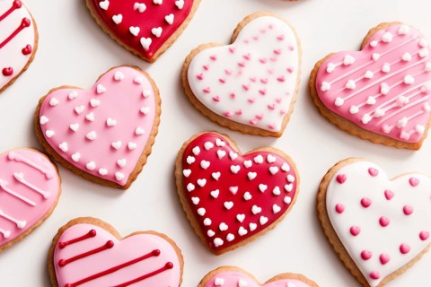Heart shaped cookies with pink, white and red sugar icing. KI generiert, generiert AI generated