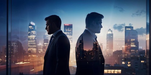 AI generated profile of business professionals with a double exposure of city lights, representing