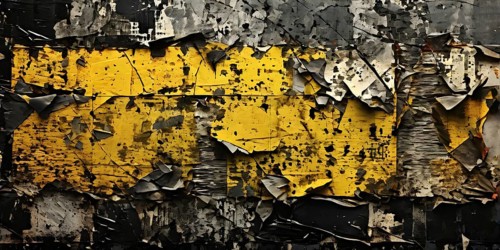 Vintage style collage featuring textured grunge posters in hues of black, blue and yellow, AI