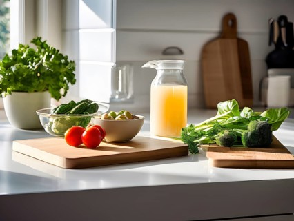 Minimalist kitchen with sleek, white cabinetry and a marble countertop, featuring a single wooden