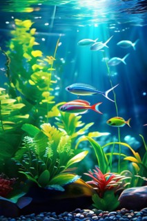 Aquarium teeming with green aquatic plants and schools of vibrant tetras and iridescent rasboras,