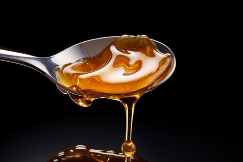 Honey dipping from spoon on black background. KI generiert, generiert, AI generated