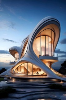 Modern art museum architecture inspired by seashells spiral patterns, AI generated