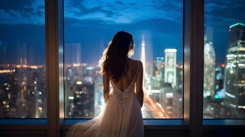Young woman in an evening dress standing by a large window gazes out at city lights, AI generated