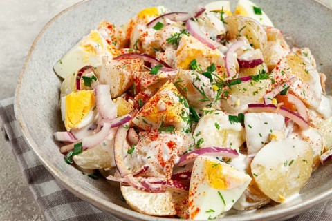 Potato and egg salad, red onion, with mayonnaise, homemade, no people