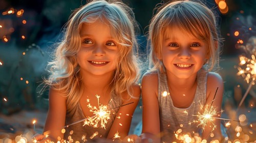 Cute children celebrating with fun sparklers. generative AI, AI generated