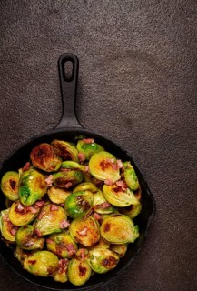 Roasted brussels sprouts, with bacon, vegetarian food, homemade, no people