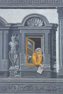 House wall with window and yellow woman leaning out, grey illusion painting, ornaments, sgraffiti