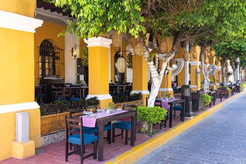 Mazatlan, Mexico, 10 September, 2021: Mazatlan Old City cafes and restaurants in historic city