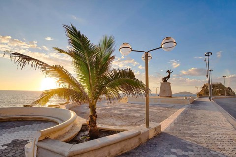 Mazatlan, Mexico-10 April, 2019: Famous Mazatlan sea promenade (El Malecon) with ocean lookouts and