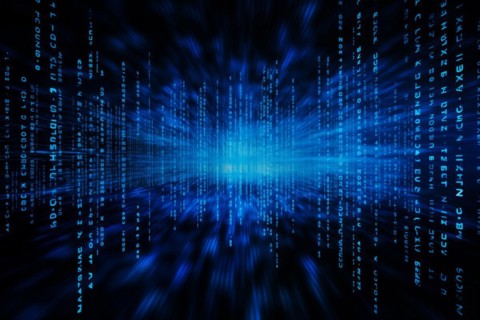 Blue dynamic digital data streams, showcasing flowing lines of code in a mesmerizing pattern, ideal