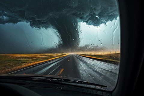 Disaster catastrophe storm concept, tornado in a field in the USA with car on road driving towards