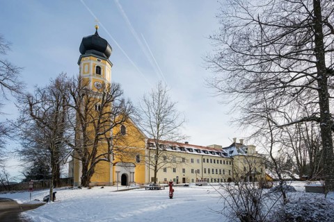 Bernried Monastery with snow in winter, Bernried, Lake Starnberg, Fünfseenland, Pfaffenwinkel,