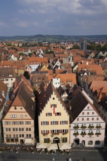 High angle view of commercial and residential buildings with traditional terracotta ceramic tiled