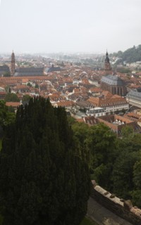 High angle view of old architectural style buildings, churches with traditional terracotta ceramic