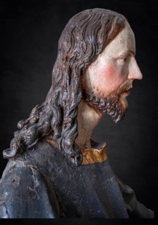 Palmesel wooden figure around 1880, Christ detail, on dark background, Dominican convent
