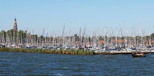 Enkhuizen marina with tower of the Zuiderkerk church, Enkhuizen, North Holland, West Friesland,