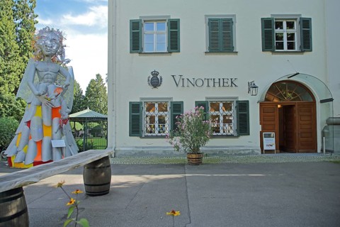 Vinotheque at the castle with sculpture Omael Engel by Diane Duchess of Württemberg, winery,