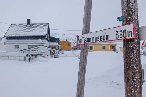 Village, houses, snowstorm, wind, snow, sign, museum, Kiberg, Varanger Peninsula, Norway, Europe
